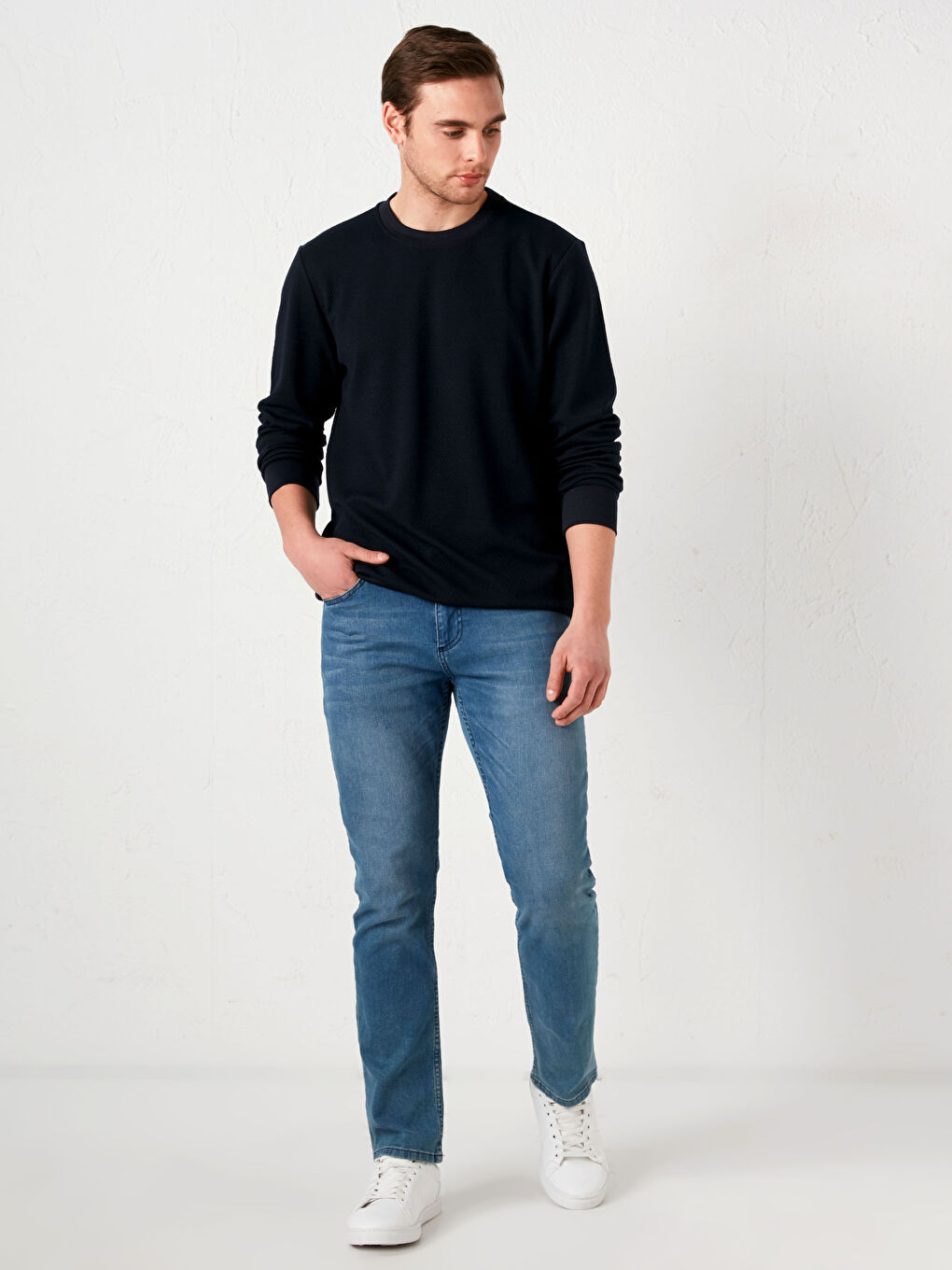 Lacivert Bisiklet Yaka Uzun Kollu Basic Erkek Sweatshirt-2