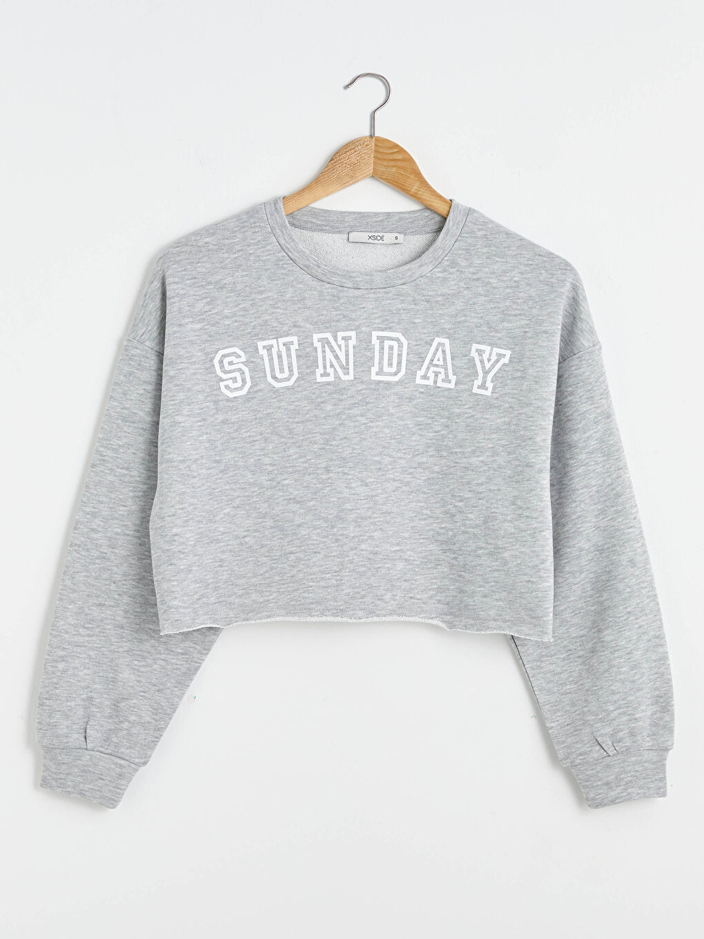 Gri Bisiklet Yaka Baskılı Uzun Kollu Crop Kadın Sweatshirt-5