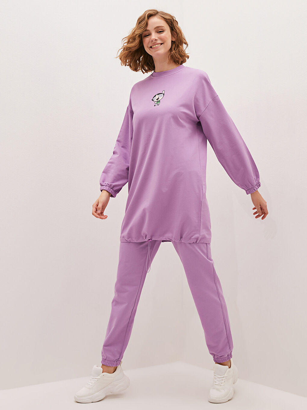 Mor Bisiklet Yaka Powerpuff Girls Baskılı Uzun Kollu Kadın Sweatshirt Tunik