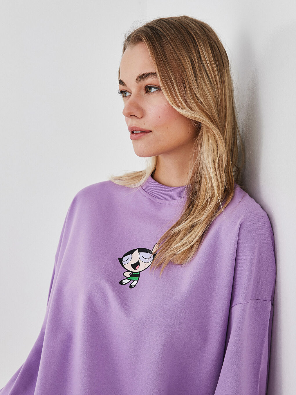 Mor Bisiklet Yaka Powerpuff Girls Baskılı Uzun Kollu Kadın Sweatshirt Tunik-2