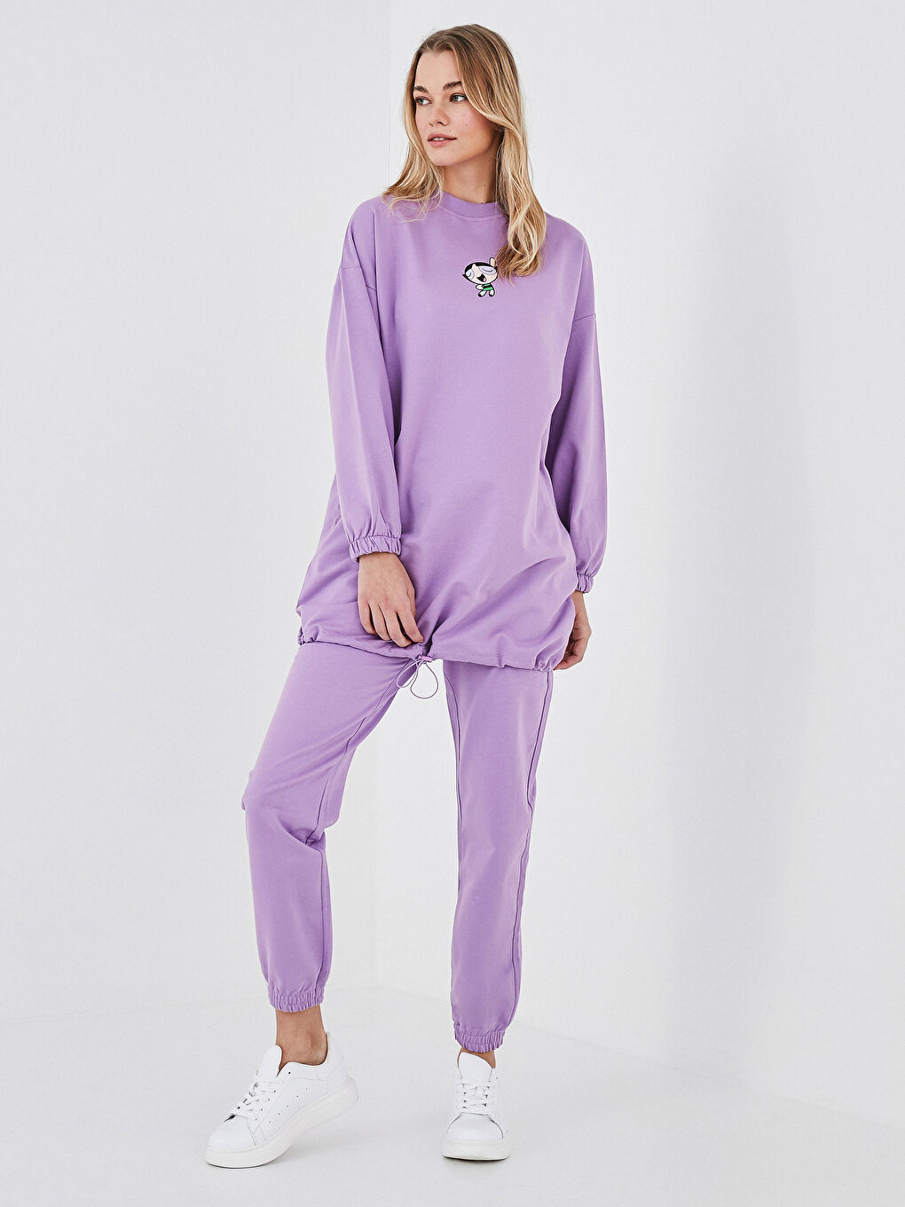 Mor Bisiklet Yaka Powerpuff Girls Baskılı Uzun Kollu Kadın Sweatshirt Tunik-3