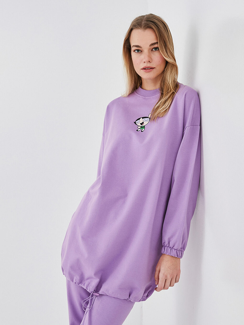 Mor Bisiklet Yaka Powerpuff Girls Baskılı Uzun Kollu Kadın Sweatshirt Tunik-5