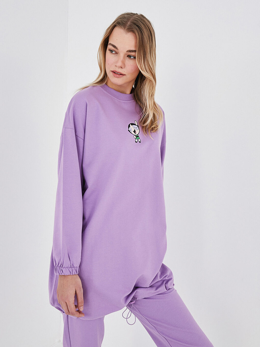 Mor Bisiklet Yaka Powerpuff Girls Baskılı Uzun Kollu Kadın Sweatshirt Tunik-1