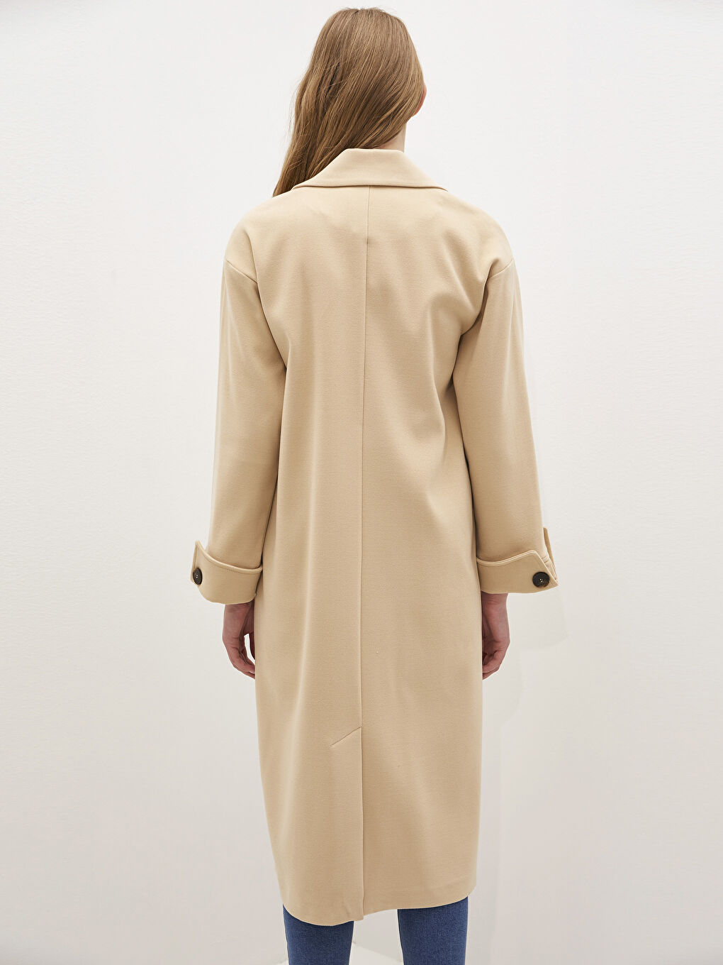 Ceket Yaka Düz Uzun Kollu Kalın Kadın Kaşe Kaban-4