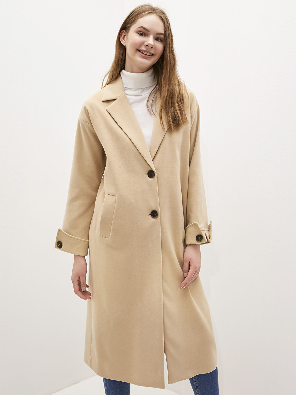 Ceket Yaka Düz Uzun Kollu Kalın Kadın Kaşe Kaban