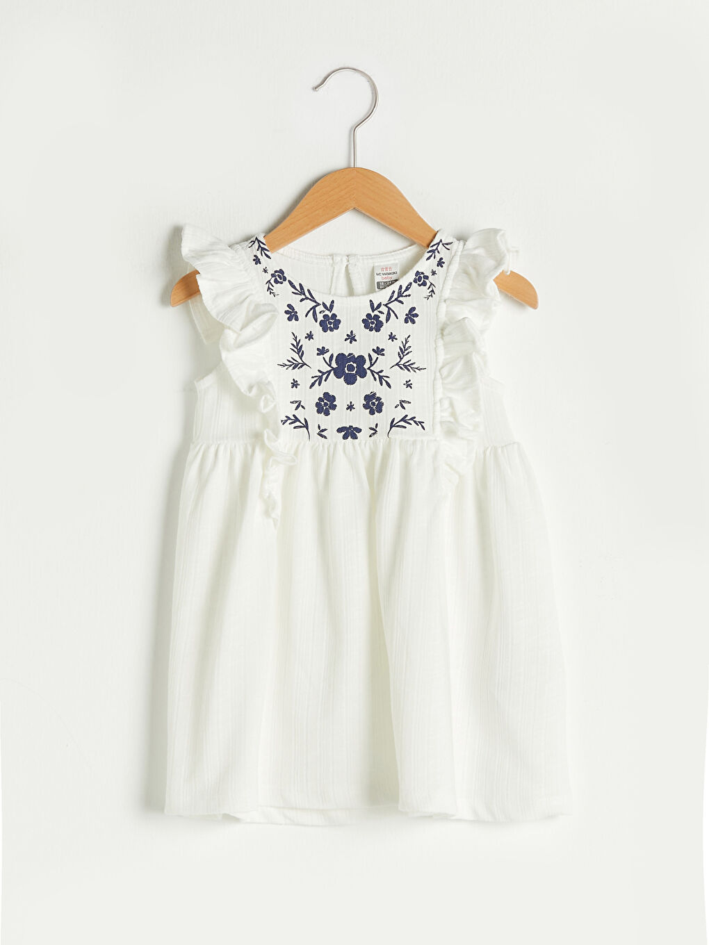 Bisiklet Yaka Fırfır Detaylı Nakışlı Kız Bebek Elbise
