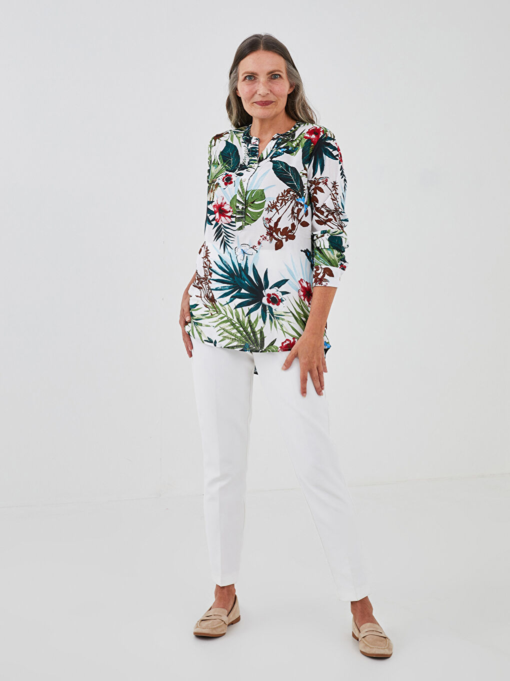 Turtleneck Floral Printed Long Sleeve Viscose Women's Blouse-3