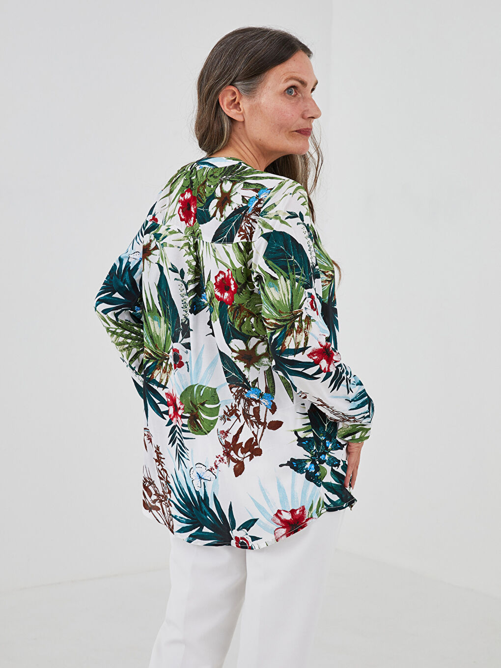 Turtleneck Floral Printed Long Sleeve Viscose Women's Blouse-4