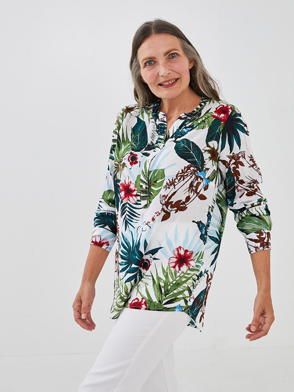 Turtleneck Floral Printed Long Sleeve Viscose Women's Blouse-5