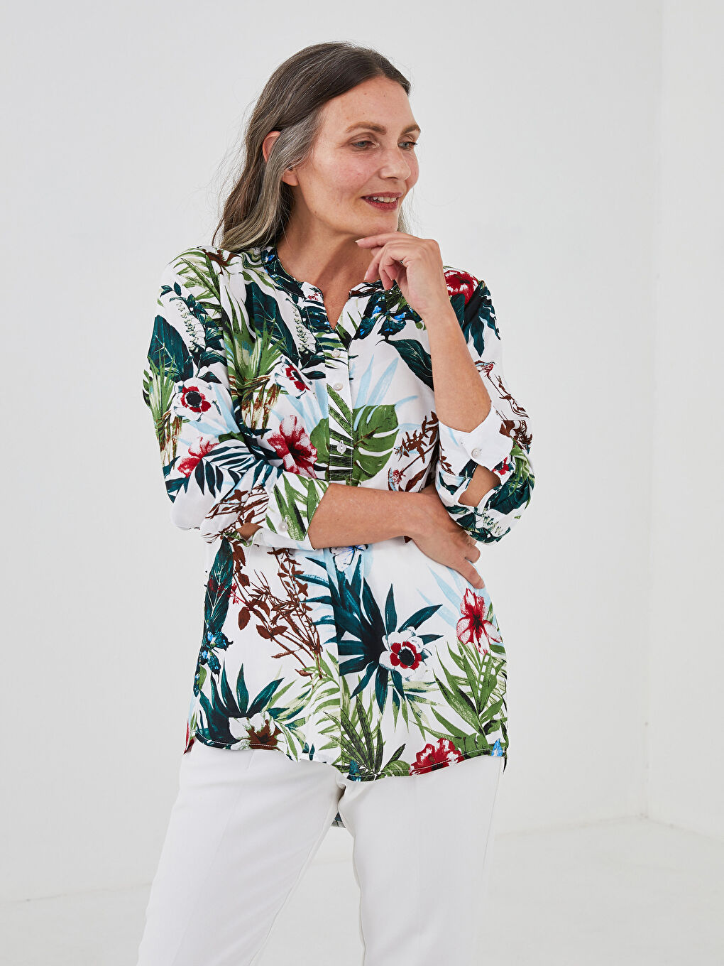 Turtleneck Floral Printed Long Sleeve Viscose Women's Blouse