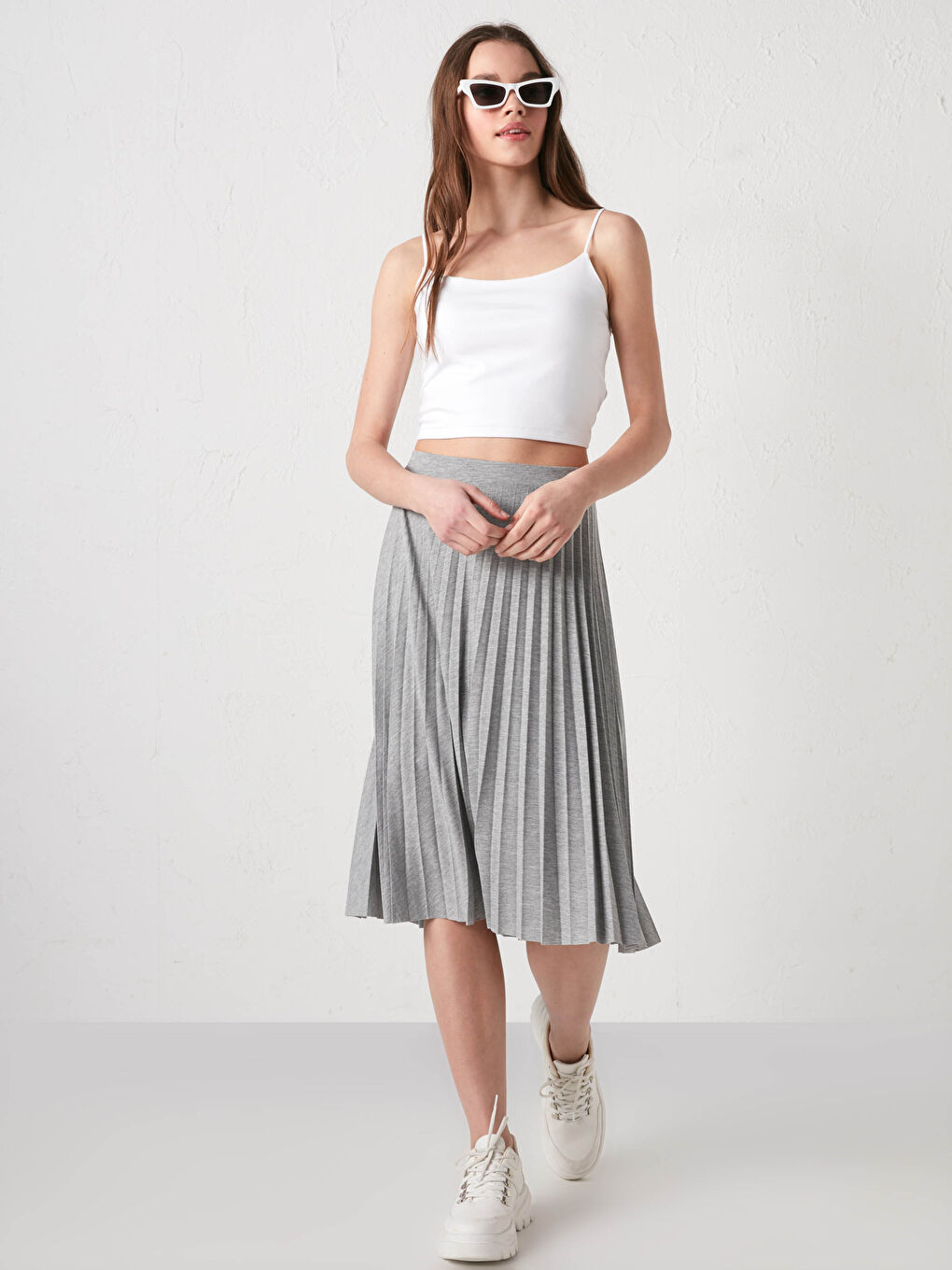 Gri Kadın Beli Lastikli Düz Pileli Etek-2