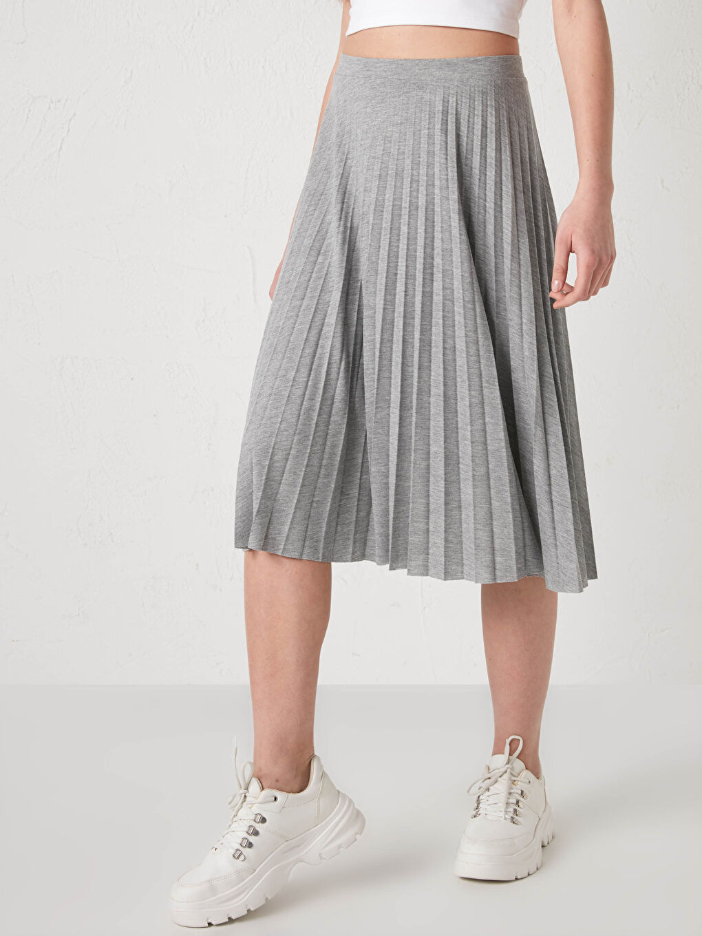Gri Kadın Beli Lastikli Düz Pileli Etek-3