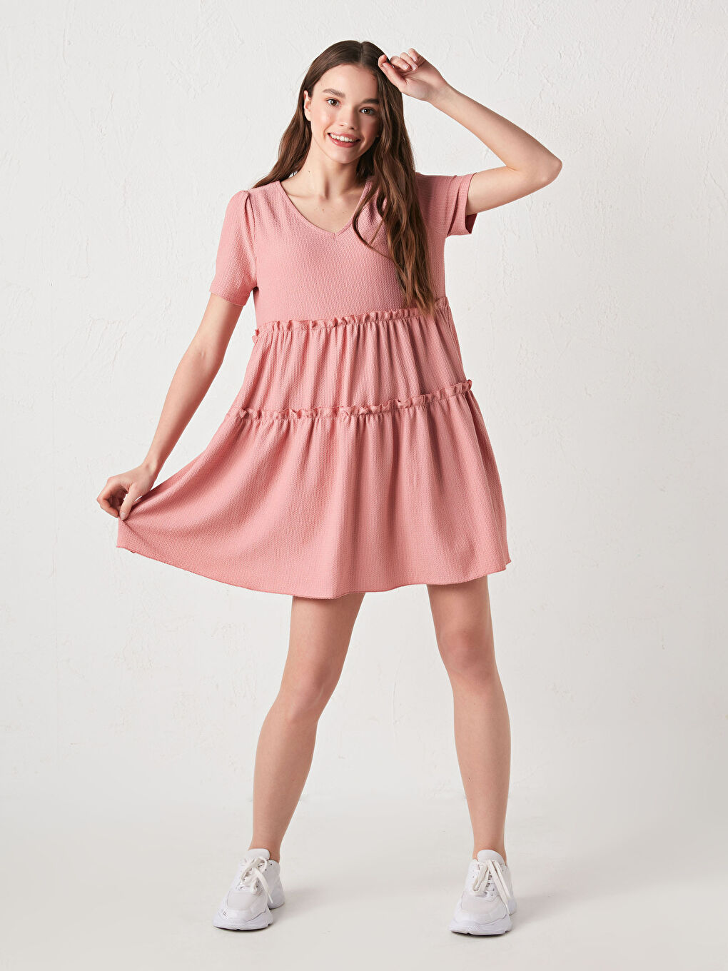 V-Neck Self-Patterned Short Sleeve Women's Dress