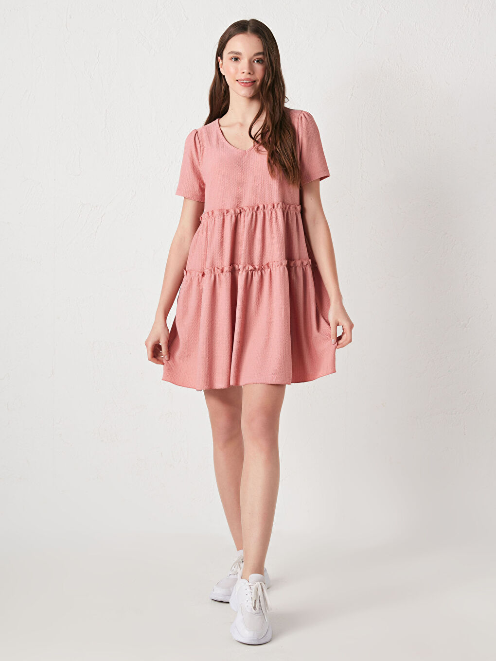 V-Neck Self-Patterned Short Sleeve Women's Dress-1