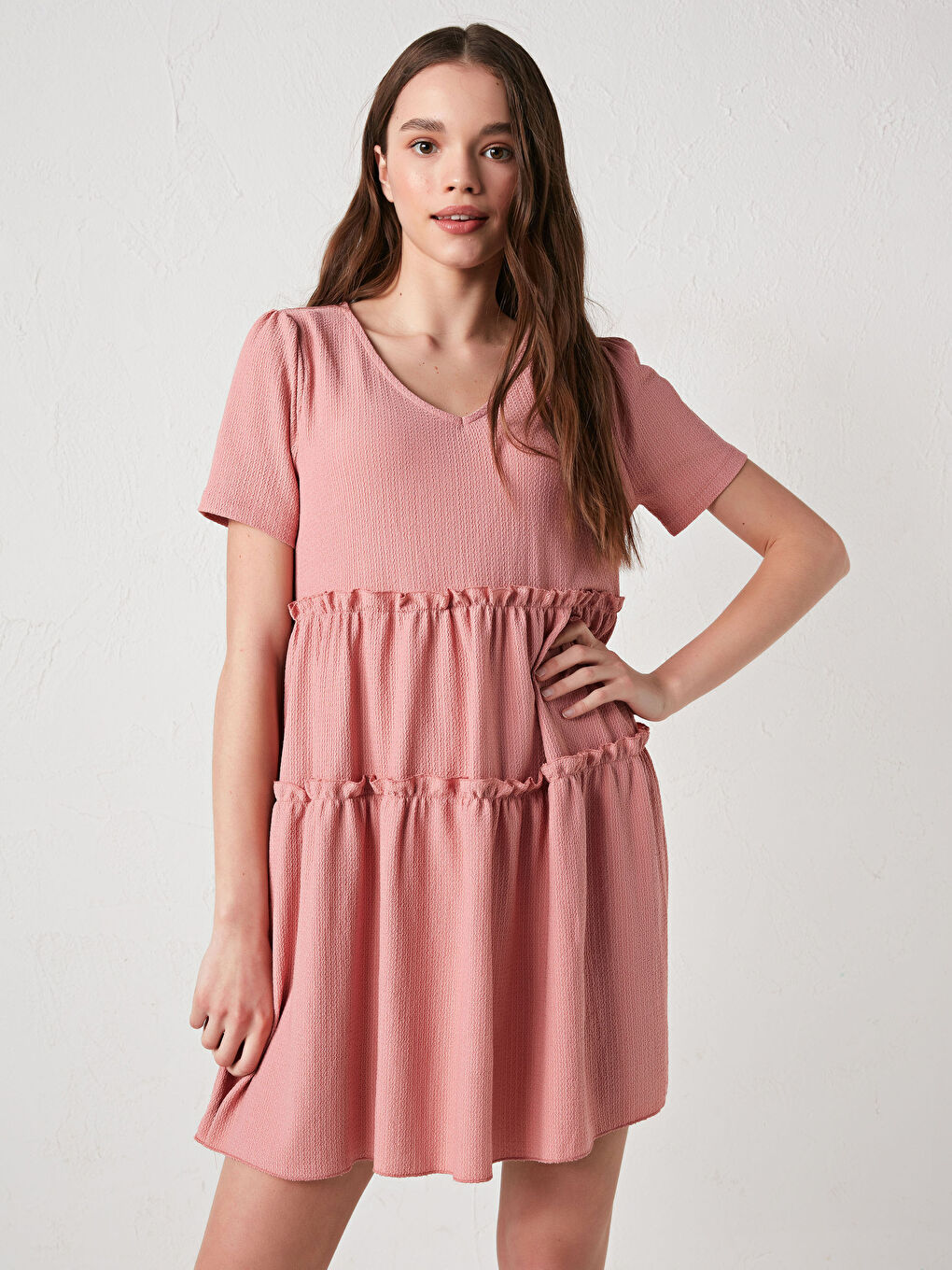 V-Neck Self-Patterned Short Sleeve Women's Dress-2