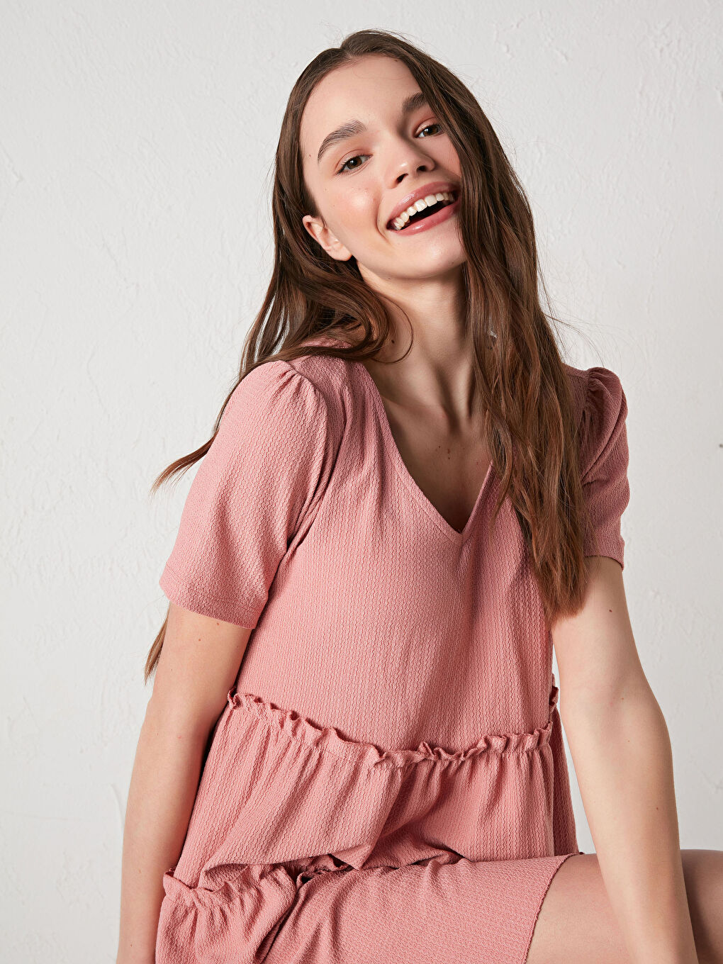 V-Neck Self-Patterned Short Sleeve Women's Dress-3