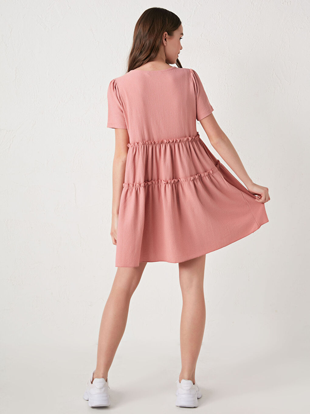 V-Neck Self-Patterned Short Sleeve Women's Dress-4