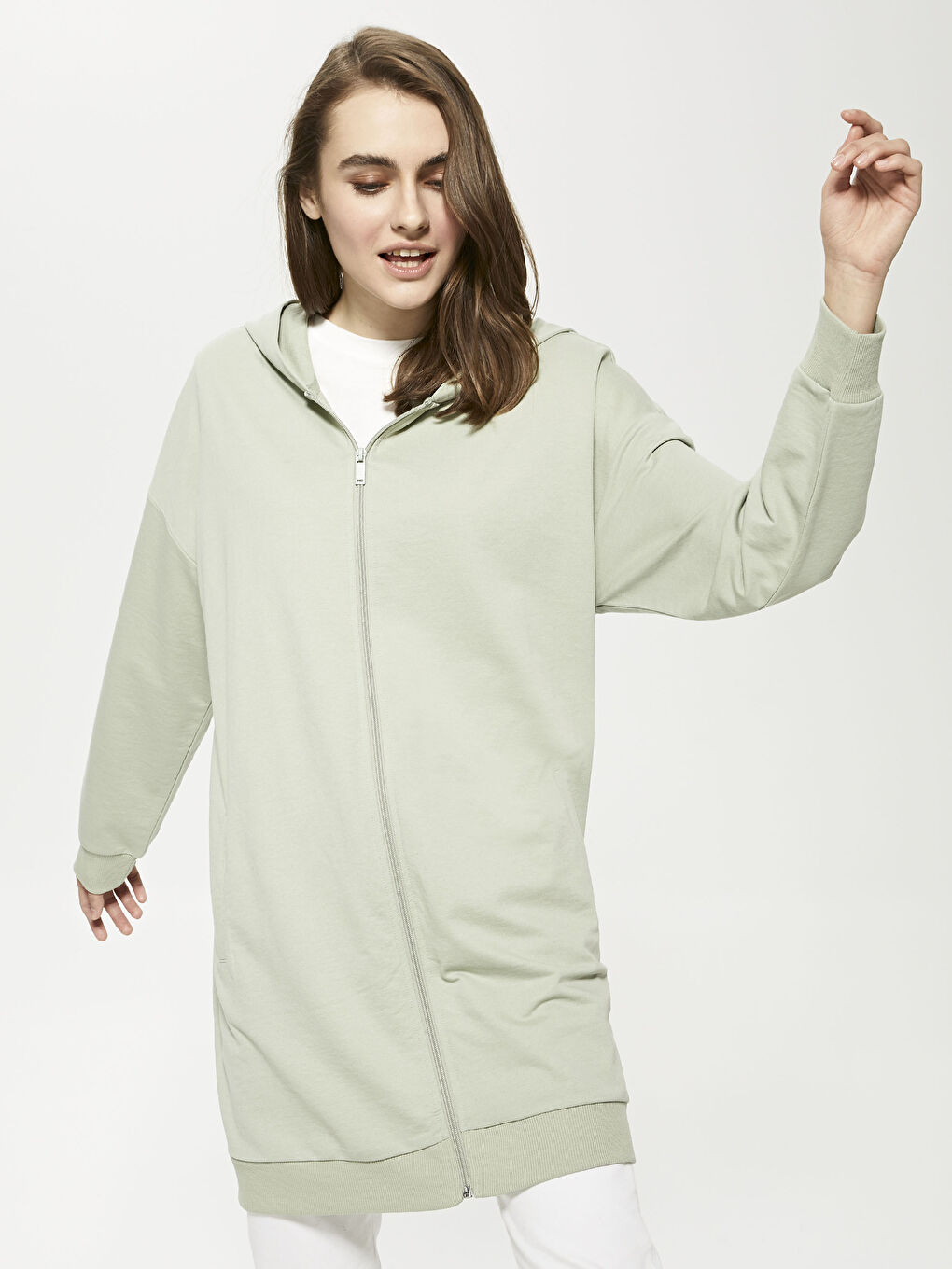 Yeşil Kapüşon Yaka Düz Uzun Kollu Kadın Hırka-5