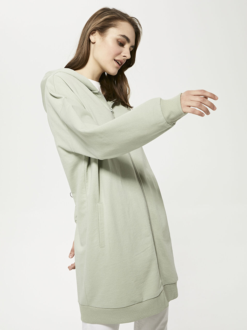 Yeşil Kapüşon Yaka Düz Uzun Kollu Kadın Hırka-6