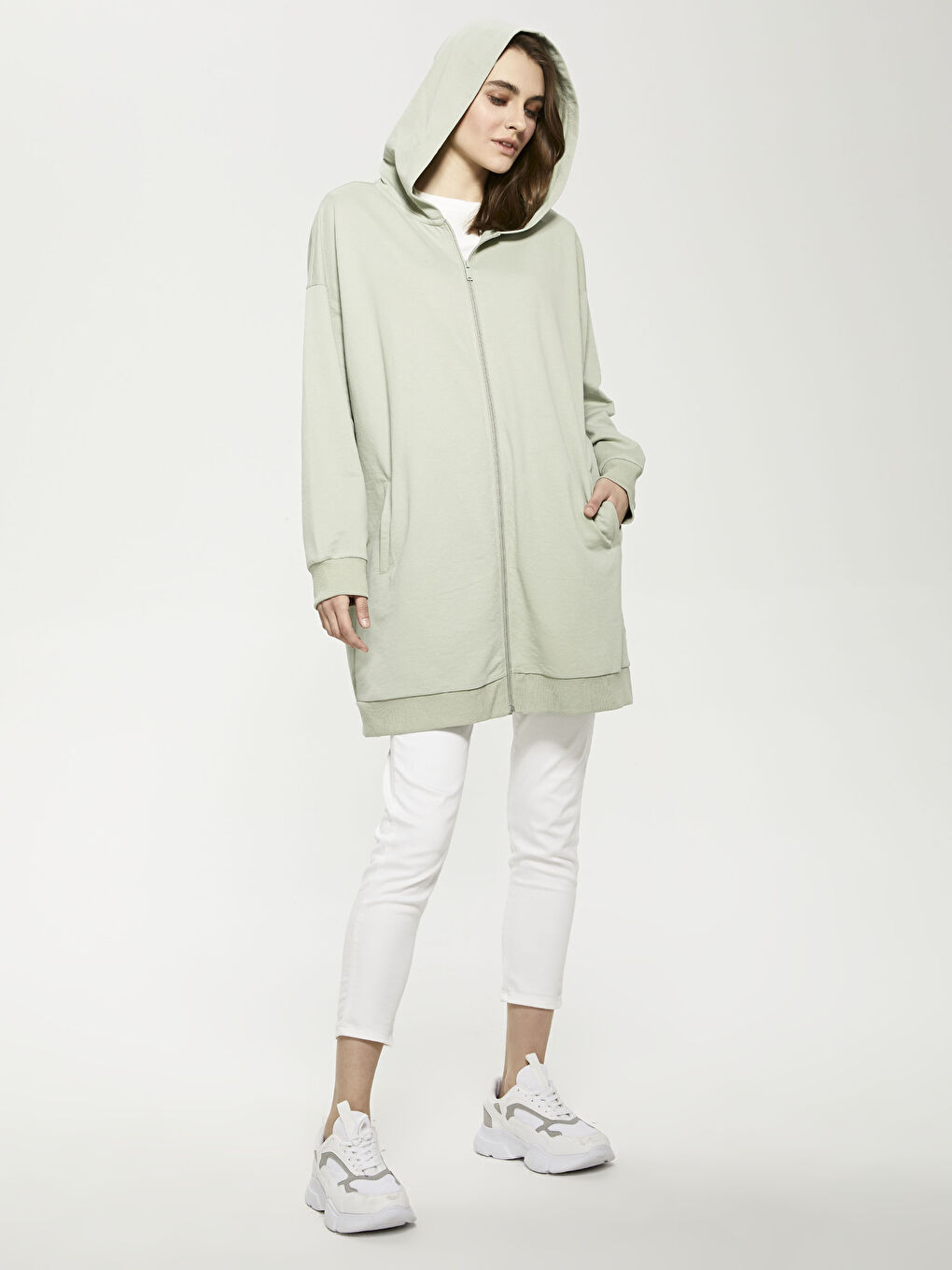 Yeşil Kapüşon Yaka Düz Uzun Kollu Kadın Hırka-7