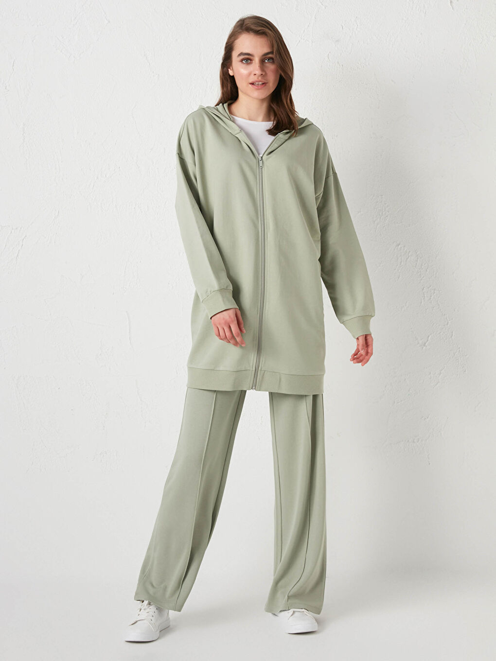 Yeşil Kapüşon Yaka Düz Uzun Kollu Kadın Hırka-3