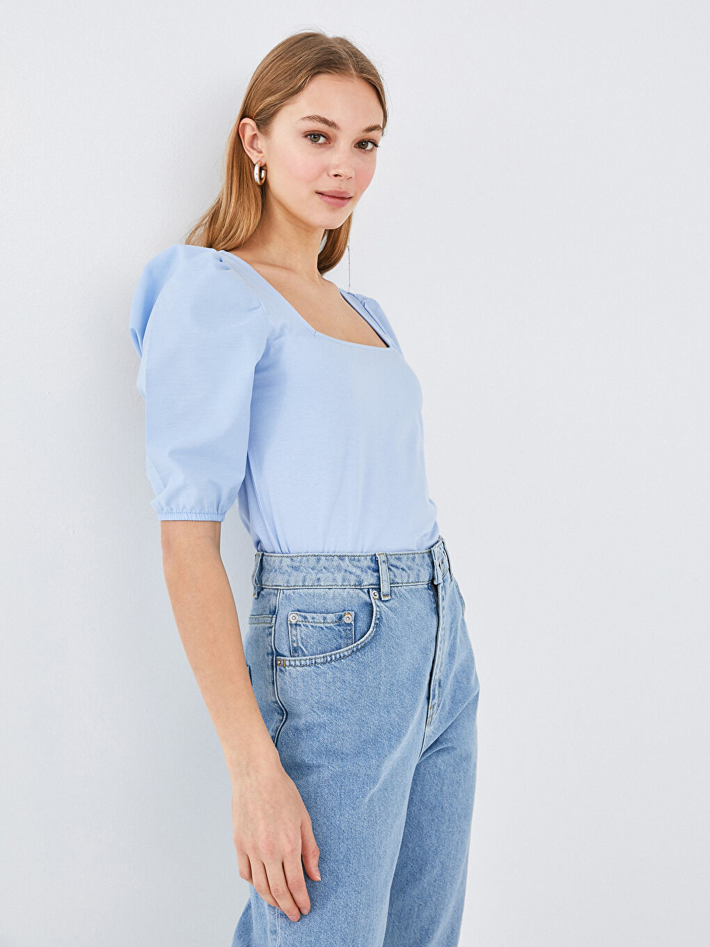 Square Collar Plain Short Sleeve Women's Blouse-4