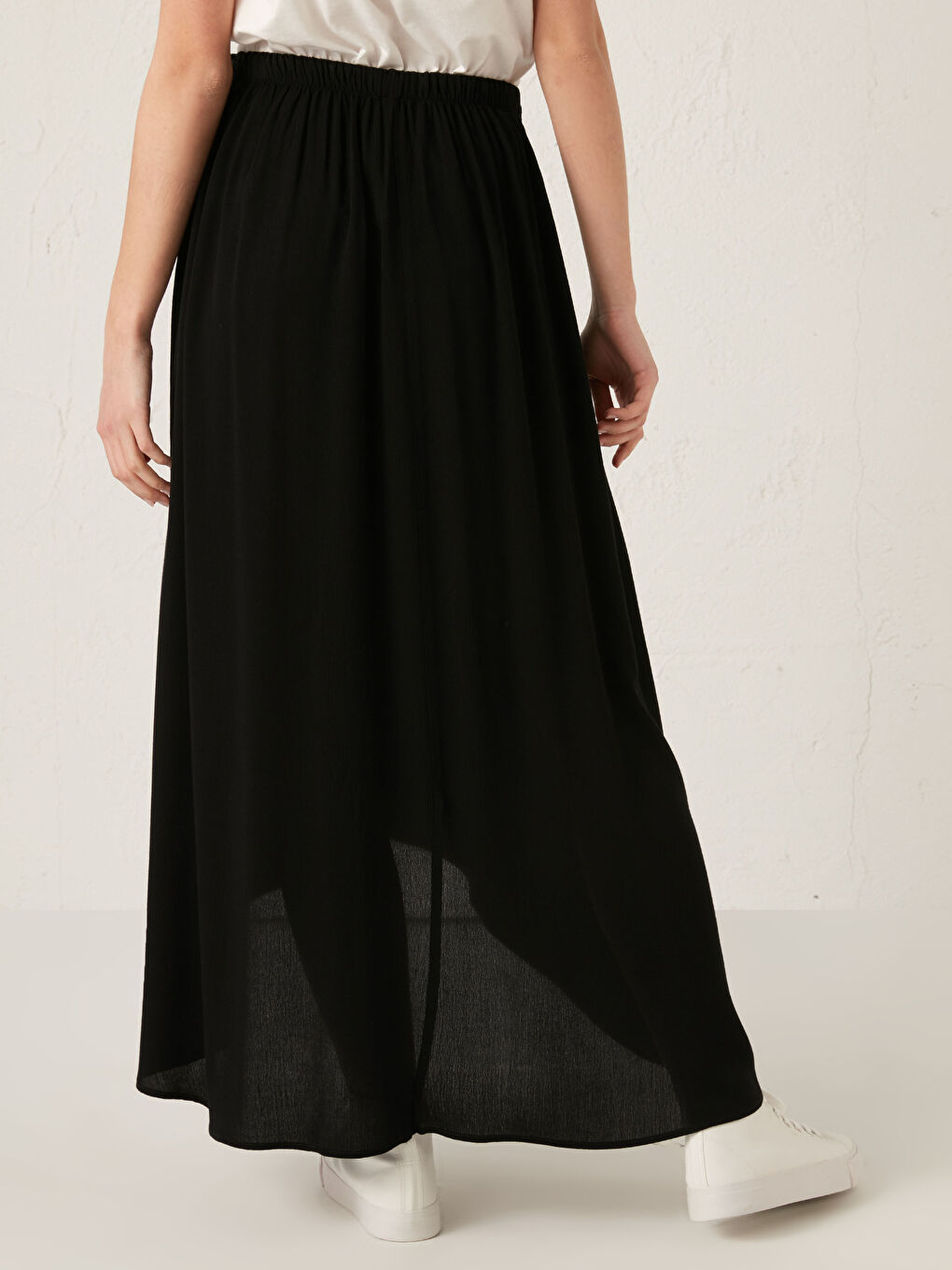 Siyah Beli Lastikli Kuşaklı Viskon Kadın Etek-5