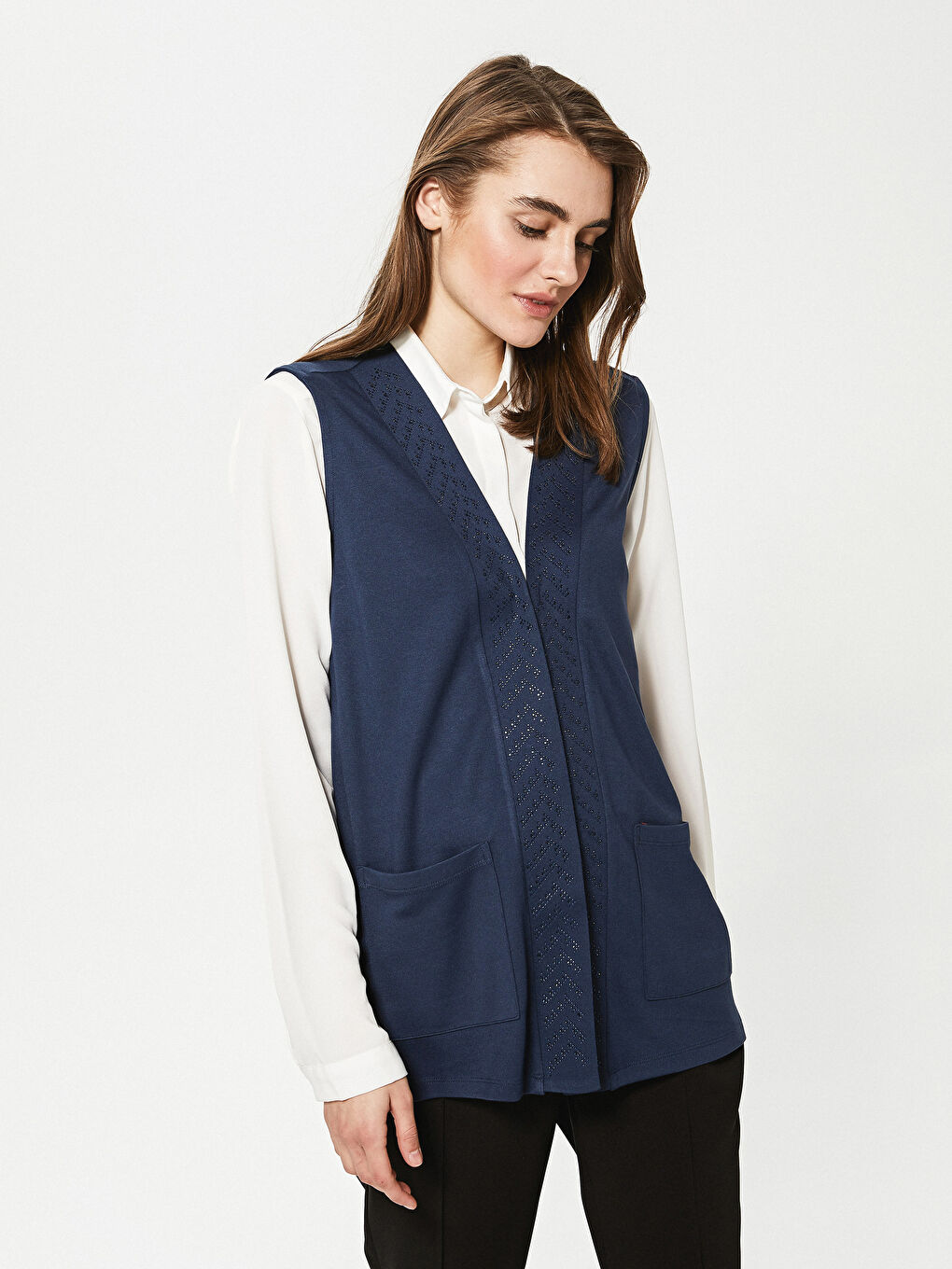 V Neck Stone Printed Sleeveless Pocket Detailed Women's Vest