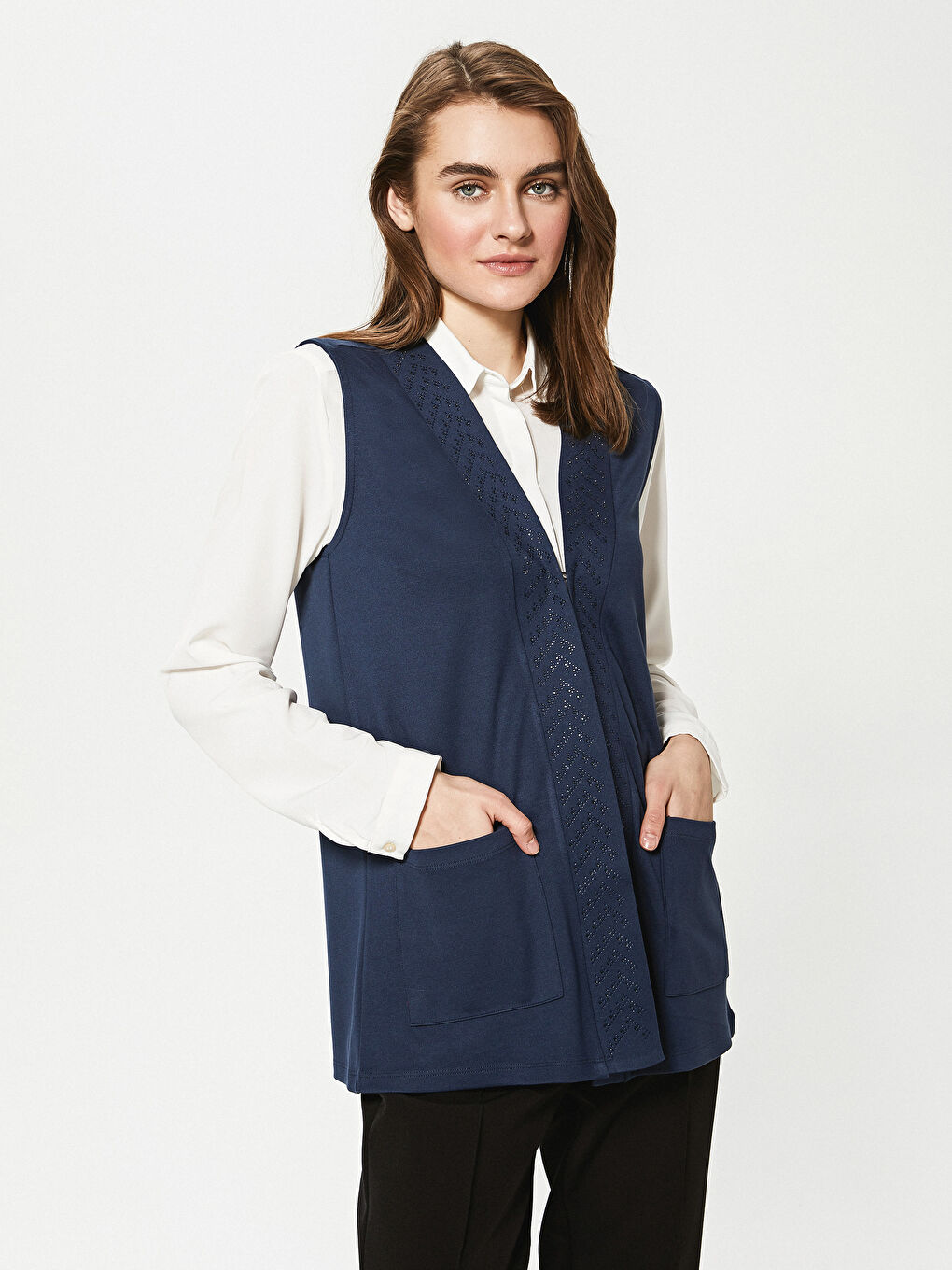 V Neck Stone Printed Sleeveless Pocket Detailed Women's Vest-1