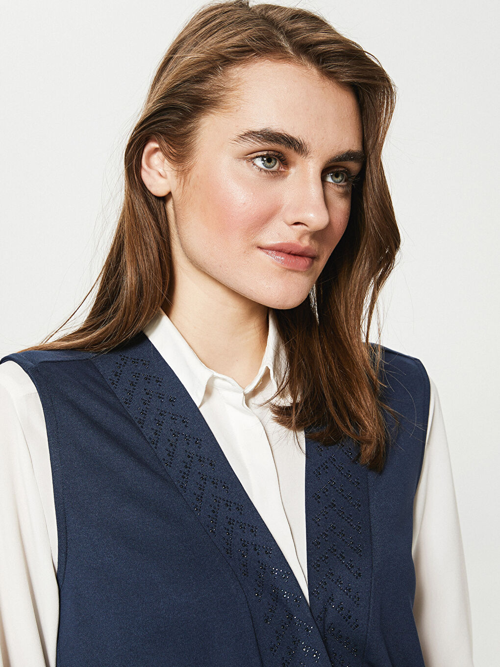 V Neck Stone Printed Sleeveless Pocket Detailed Women's Vest-2