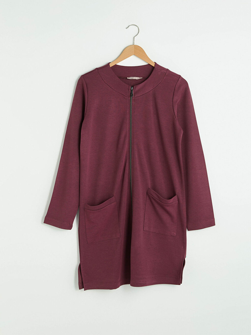 Mürdüm Bisiklet Yaka Fermuarlı Cep Detaylı Uzun Kollu Kadın Hırka-6