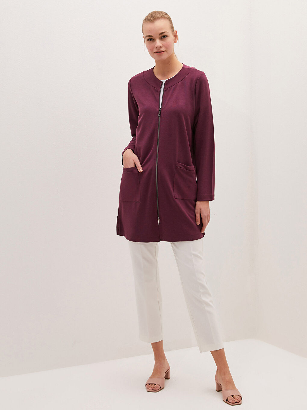 Mürdüm Bisiklet Yaka Fermuarlı Cep Detaylı Uzun Kollu Kadın Hırka-2