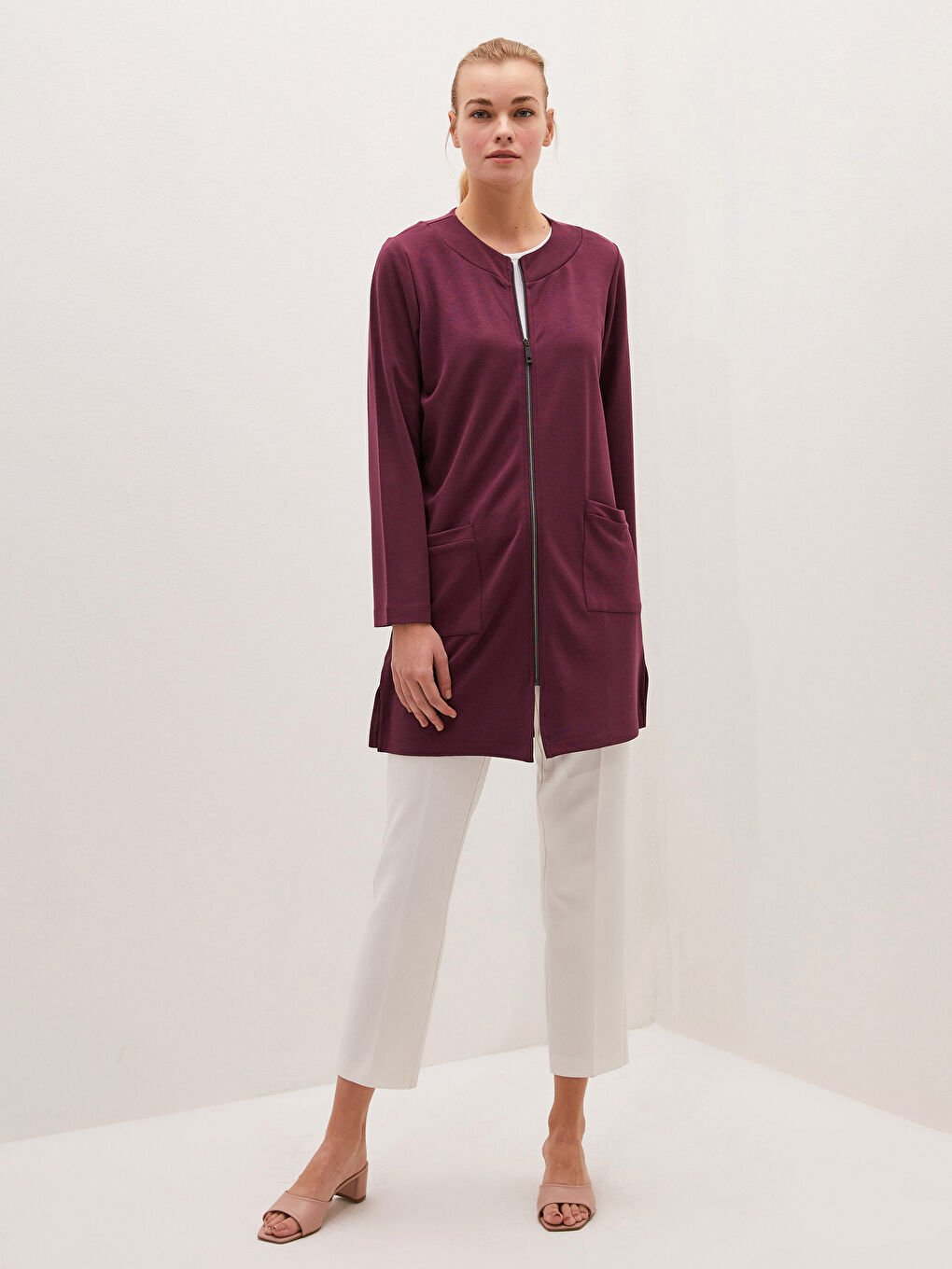 Mürdüm Bisiklet Yaka Fermuarlı Cep Detaylı Uzun Kollu Kadın Hırka-3