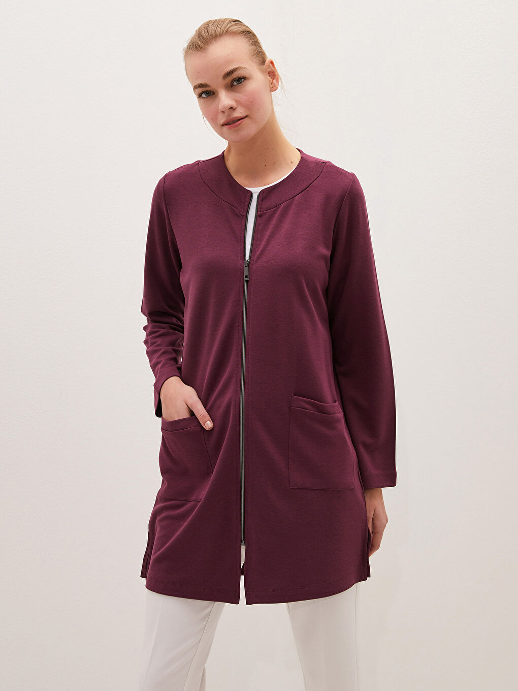 Mürdüm Bisiklet Yaka Fermuarlı Cep Detaylı Uzun Kollu Kadın Hırka-5