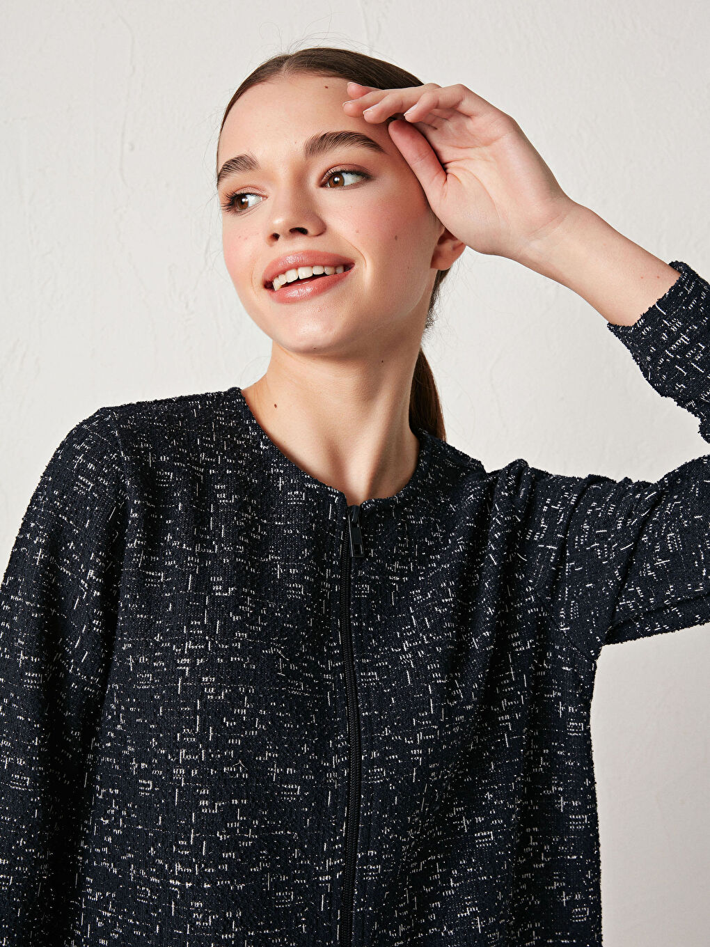 Lacivert Bisiklet Yaka Desenli Uzun Kollu Kadın Hırka-6