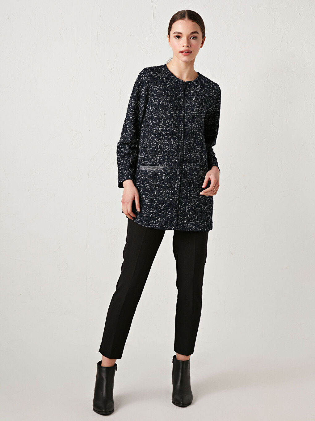 Lacivert Bisiklet Yaka Desenli Uzun Kollu Kadın Hırka-7