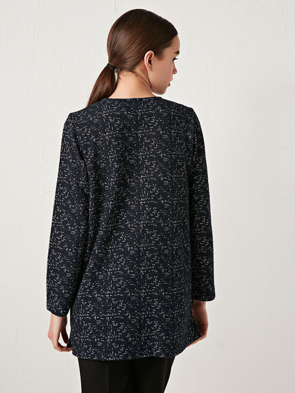 Lacivert Bisiklet Yaka Desenli Uzun Kollu Kadın Hırka-9