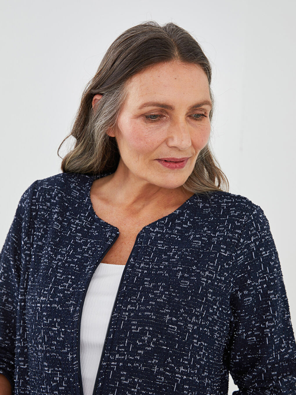 Lacivert Bisiklet Yaka Desenli Uzun Kollu Kadın Hırka-1