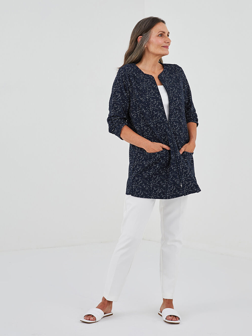 Lacivert Bisiklet Yaka Desenli Uzun Kollu Kadın Hırka-2