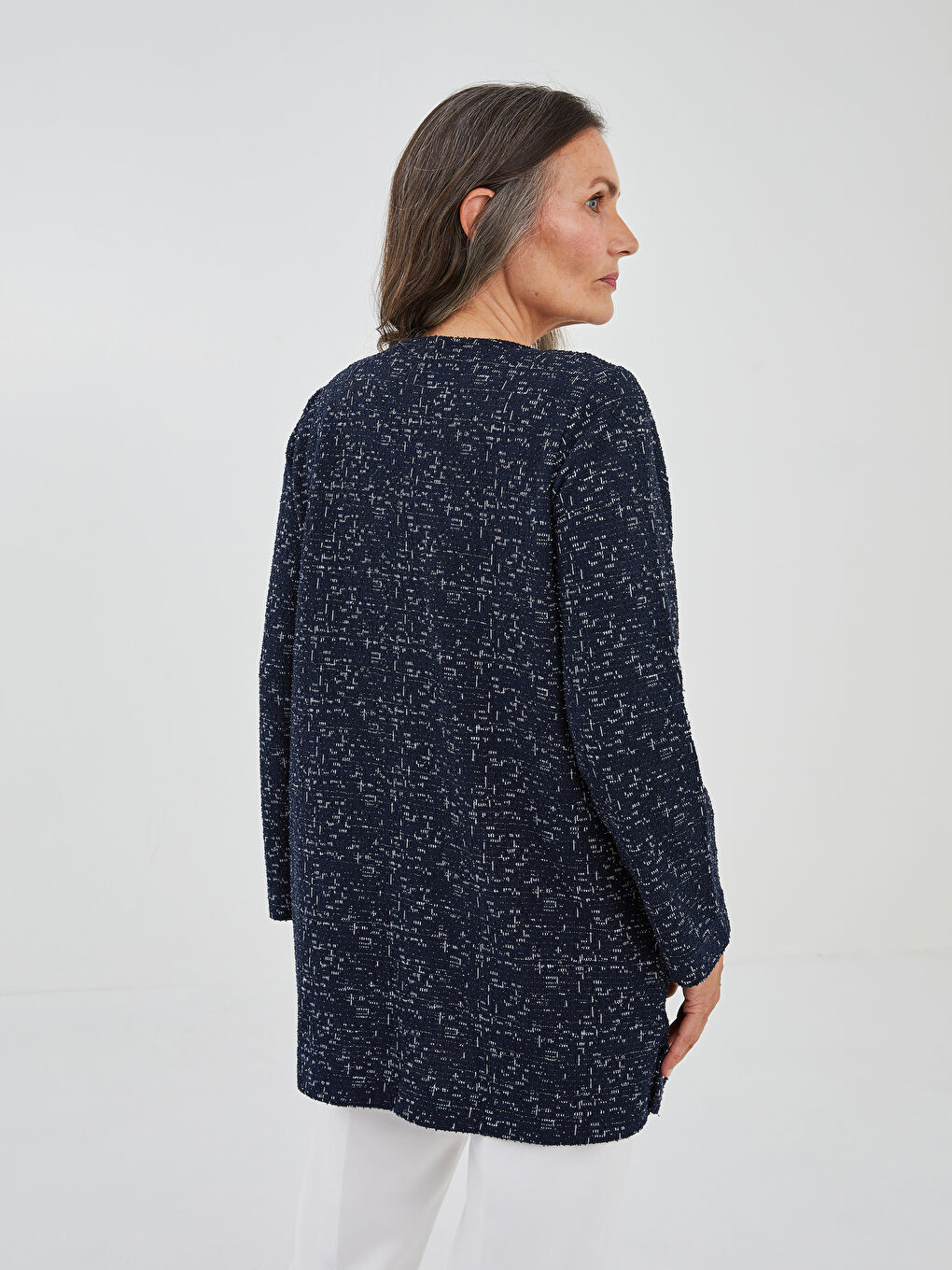 Lacivert Bisiklet Yaka Desenli Uzun Kollu Kadın Hırka-3