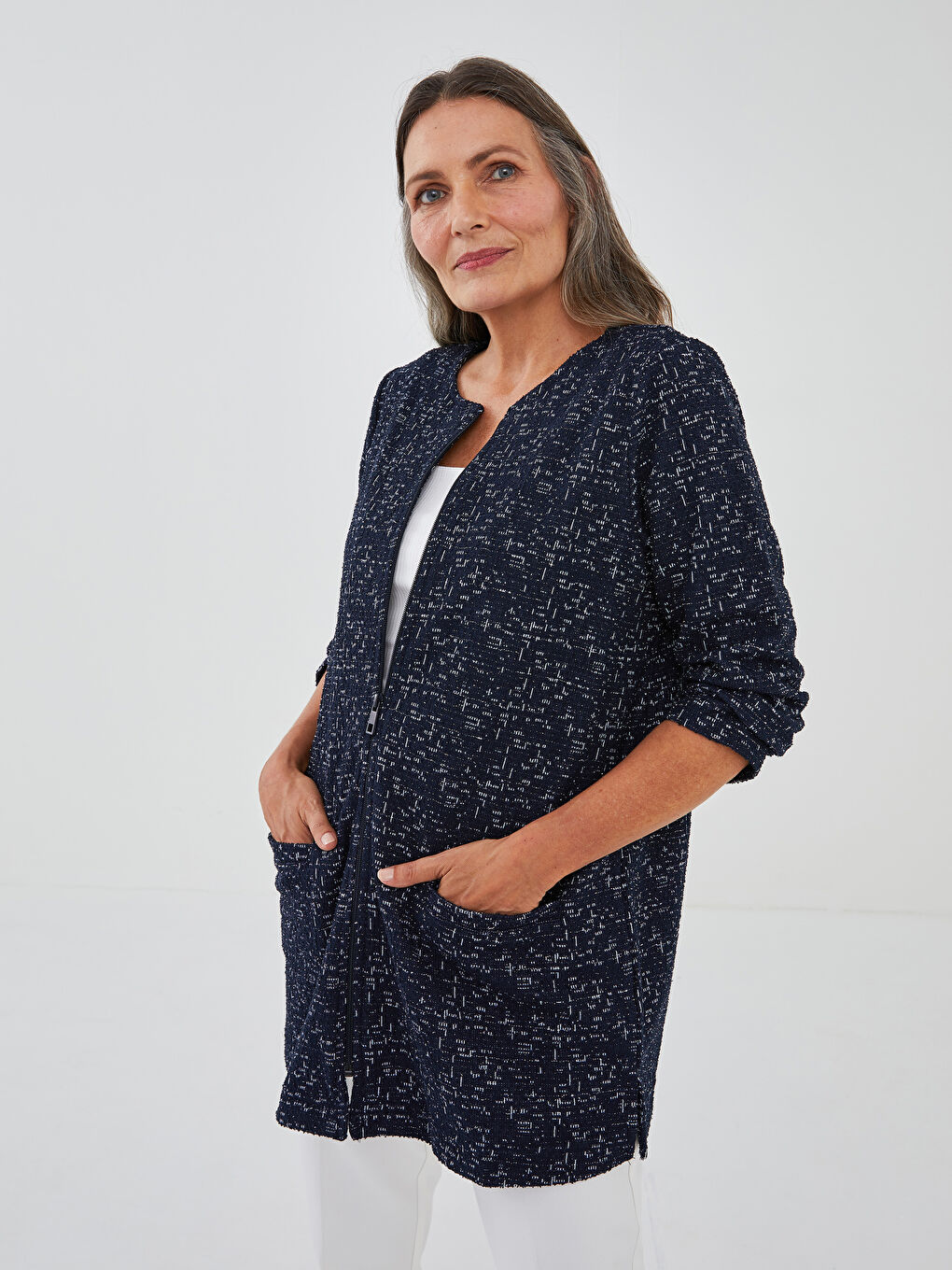 Lacivert Bisiklet Yaka Desenli Uzun Kollu Kadın Hırka-4