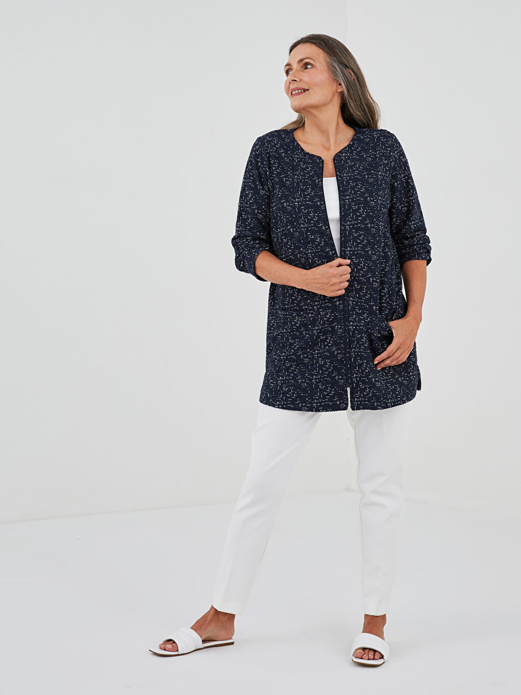 Lacivert Bisiklet Yaka Desenli Uzun Kollu Kadın Hırka