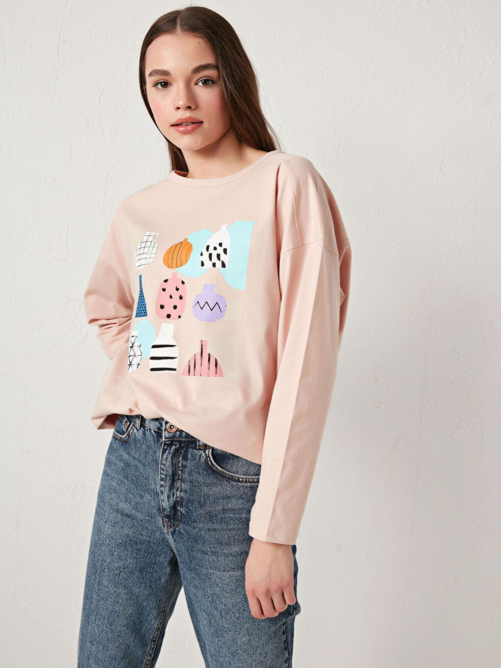 Pembe Bisiklet Yaka Baskılı Uzun Kollu Kadın Tişört Anne Kız Kombini