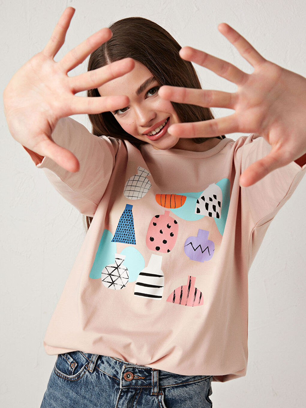 Pembe Bisiklet Yaka Baskılı Uzun Kollu Kadın Tişört Anne Kız Kombini-1