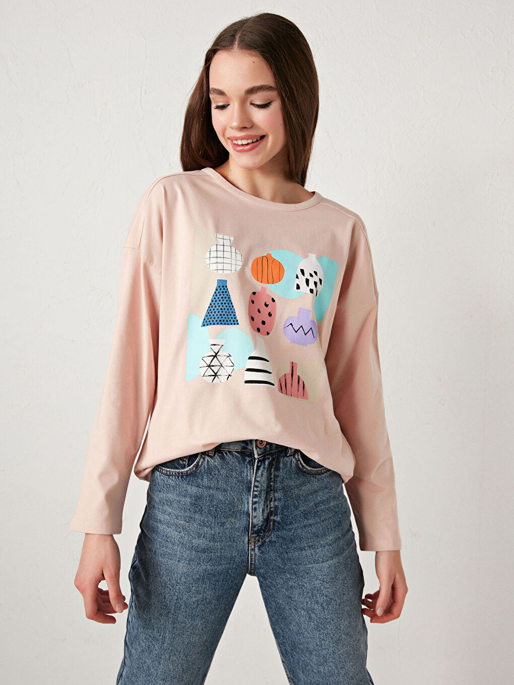 Pembe Bisiklet Yaka Baskılı Uzun Kollu Kadın Tişört Anne Kız Kombini-2