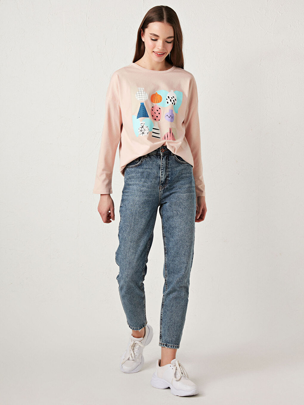 Pembe Bisiklet Yaka Baskılı Uzun Kollu Kadın Tişört Anne Kız Kombini-3