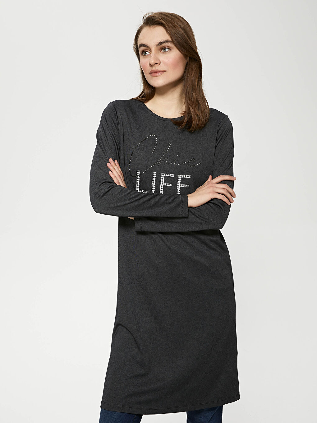 Crew Neck Stone Printed Long Sleeve Women's Tunic