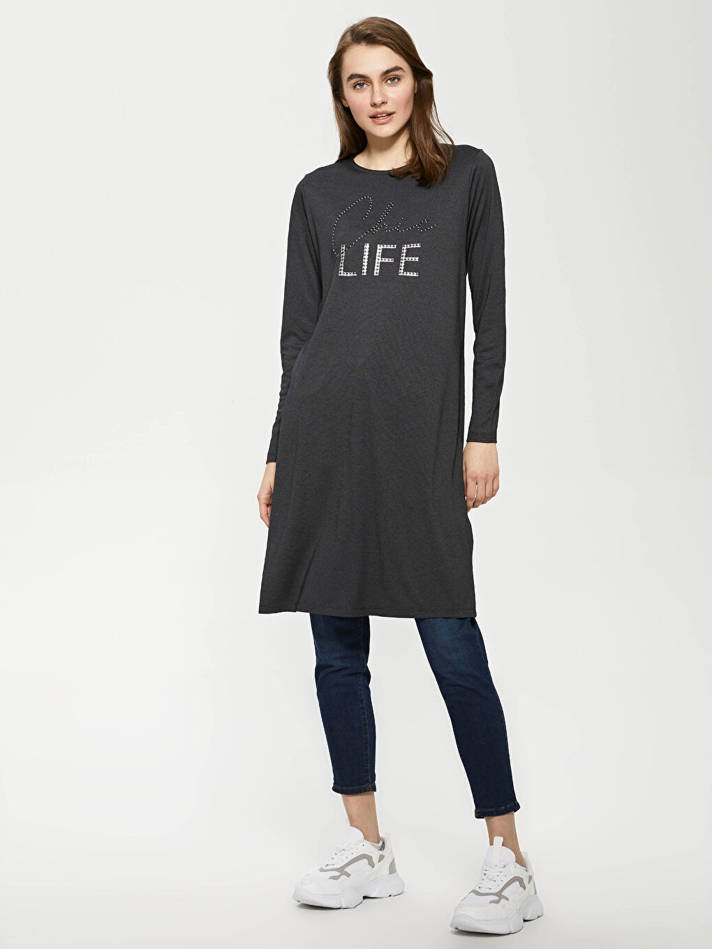 Crew Neck Stone Printed Long Sleeve Women's Tunic-1