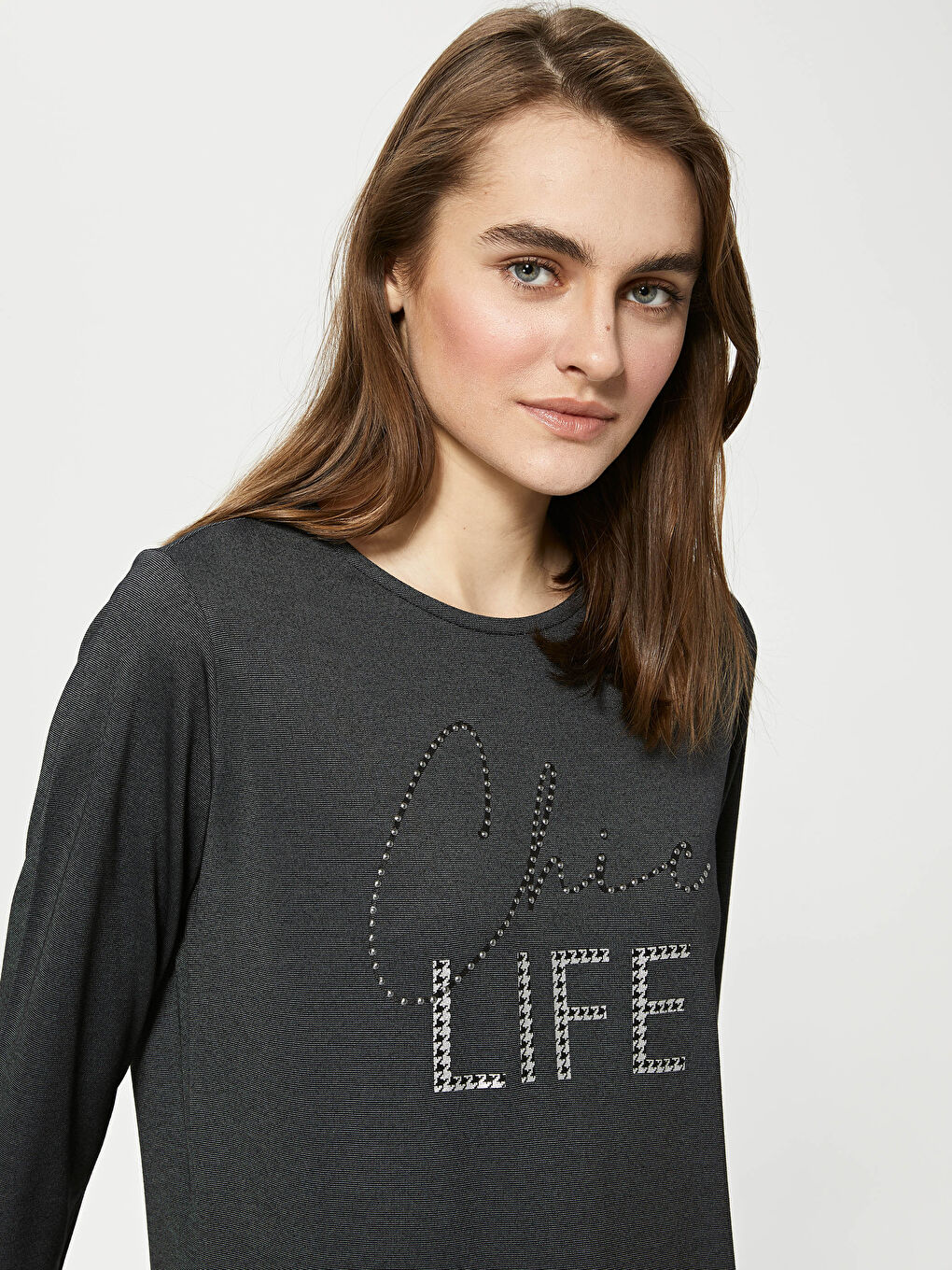 Crew Neck Stone Printed Long Sleeve Women's Tunic-2