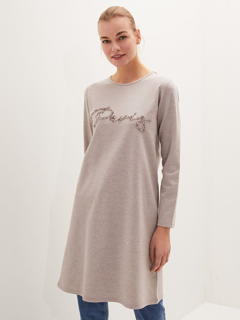 Bej Bisiklet Yaka Pul Payetli Uzun Kollu Kadın Tunik-4